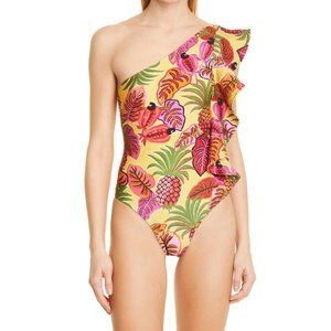 Farm Rio Women's Fruit Dream Ruffle One-Shoulder One-Piece Swimsuit Size L